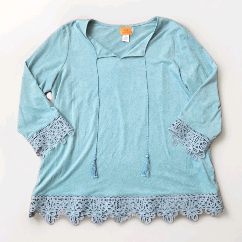 Ruby RD Suede Women's Blouse Top Long Sleeve Crochet Trim Size M
